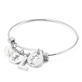 Silver stainless steel bracelet featuring a pearl, letter L charm, and small kid pendants - Letter L / Steel