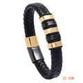 Pulsera para hombre de cuero negro trenzado con anillos bicolor y cierre magnético de acero - 22.5CM / Costura Negro Oro (22.5CM)