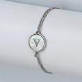 Bracelet minimaliste en acier argenté avec incrustation nacre et pendentif V - Lettre V / Acier