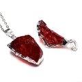 Deep red raw natural crystal stone pendant necklace with silver plated irregular edges - Red (No Chain)