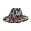 Detail of grey cow print fedora wool hat with brown leather belt and metal buckle - M (56-58cm) / Gray