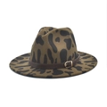 Detailed view of olive green wool fedora with cow print and leather buckle belt - M (56-58cm) / Army Green