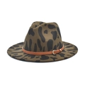 Detail of green leopard print wool fedora hat with brown leather belt and gold buckle - M (56-58cm) / Army Green