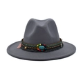 Dark gray wide brim wool fedora hat with ethnic woven band and turquoise stone decor - M (56-58cm) / Light Gray