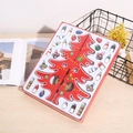 Detail of DIY red wooden Christmas tree with mini painted ornaments on a wooden desk - 5-Tier Plaid Tree / Red