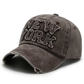 Distressed dark grey denim baseball cap featuring vintage New York embroidery and ripped details - Adjustable / Coffee