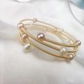 Three-layer spiral gold wire bracelet with elegant white, purple and champagne pearls - Triple Layer Spiral Wrapped Style / Gold (Multicolor Pearls)