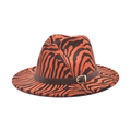 Detailansicht eines orangefarbenen Zebra-Wollhutes mit braunem Leder-Schnallenband - M(56-58cm) / Burgunderrot