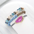 Three-piece bohemian beaded bracelet set with blue stones and a pink agate slice - Blue/Pink/Amber (BCSET84)