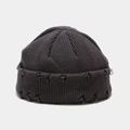Detail of dark grey ribbed knit beanie showing distressed hole design and street style texture - M (56-58cm) / Dark Gray