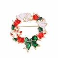 Festive Christmas wreath brooch with white dove and green bow in enamel alloy finish - Red and Green Christmas Wreath Style (YNCP5318)