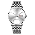 Business quartz watch for men featuring silver steel band and dual calendar display - White & Silver