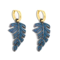 Elegant gold leaf earrings with blue rhinestones in a minimalist nature-inspired design - Navy Blue