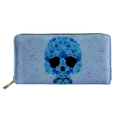 Blue faux leather long wallet featuring a rose skull pattern and golden metal zipper - Light Blue Rose Skull