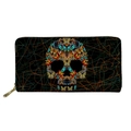 Cartera larga negra con cremallera y diseño de calavera hecha de mariposas coloridas - Calavera de Mariposa Colorida