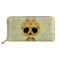 Long PU leather wallet featuring a vibrant floral rose skull pattern and gold zipper - Yellow Orange Rose Skull