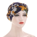 Floral print tie-dye turban hat for women featuring a stylish braided twist detail - Yellow and Navy Blue