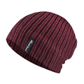 Detailed knit texture of red and black striped beanie with a stitched black logo tag - One Size / Burgundy