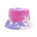 Detailed view of tie-dye bucket hat with pink and purple cotton fabric and stitched brim - M (56-58cm) / Purple
