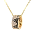 Golden necklace with a cylinder pendant featuring black and white pave-set heart stones - Gold Chain Black Heart Style (Style 7)