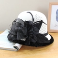 Detail of white wool felt hat with black mesh veil, feather and floral accents - Solid Color Mesh Flower Style / White