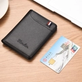 Slim men's wallet with lychee leather texture and Slardar logo on a wooden desk - Black