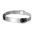 Pulsera para hombre de malla de acero inoxidable con cuero negro y placa grabable - Estilo Liso Cepillado (KB112532-BD) / 12mm de Ancho / 21.5cm de Largo / Color Acero