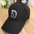 Black baseball cap with rhinestone D letter and motorsport lifestyle ribbon detail - D Rhinestone Mesh Black