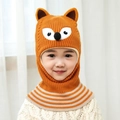 Close-up of orange fox knit hat for kids with soft 3D ears and earflaps for winter warmth - Yellow