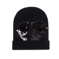 Black knit beanie for women with a sparkling sequined heart patch for winter outdoor warmth - Black Sequin Heart
