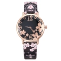 Women's quartz watch with rose gold case, floral black dial and cherry blossom strap - Black