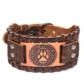 Brown braided leather bracelet with Nordic runes and copper wolf paw metal plate - Brown Leather + Antique Copper