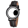Detail of minimalist black watch case with white dial and red stitching on leather strap - Black