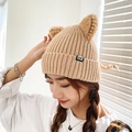 Niedliche Strickmütze mit Katzenohren in Beige-Khaki für warme Wintertage - M (56-58cm) / Hellbeige