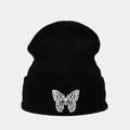 Classic black knitted beanie with white butterfly embroidery and folded cuff for winter - M (56-58cm) / Black