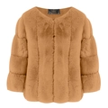 Short faux fur round neck coat in brown with textured vertical stitching and loose fit - S / Camel