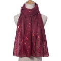 Detail of burgundy Christmas scarf with shimmering silver elk and snowflake prints - Silver Foiled Wine Red
