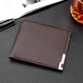 Short leather wallet in deep brown for men featuring a metallic silver trim design - Coffee Horizontal