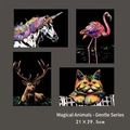 Rainbow animal scratch art set with unicorn, flamingo, deer and cat motifs, 21x29.5cm size - Gentle Series / A4 (Set of 4)