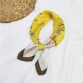 Elegant floral yellow satin square scarf with brown border in a stylish knotted style - Yellow Pair Flower