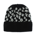 Detailed view of the thick knit texture and grey leopard pattern on the black winter hat - Black