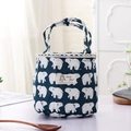 Insulated cotton linen lunch bag with white polar bear print and lace trim in dark blue - Drawstring Style / Navy Polar Bear