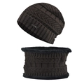 Winter knitted hat and neck warmer set in dark coffee with thick fleece lining and Sport tag - Set (Hat + Scarf) / Coffee