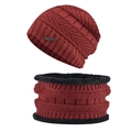 Close-up of burgundy winter knit hat and neck warmer set with warm fleece lining inside - Set (Hat + Scarf) / Dark Wine Red