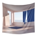 Arazzo boho con camera rosa moderna, finestra ad arco e vista sul mare blu profondo - 73X95CM (Spazzolato Transfrontaliero) / ZJ1926 (Finestra Minimalista con Vista Mare)