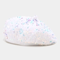 Detail of white beret featuring dense iridescent sequins and classic top stem texture - Pumpkin Hat / White