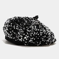 Close-up of black sequin beret showing detailed shimmering texture and fabric rim - Pumpkin Hat / Silver