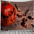 Halloween tapestry featuring a spooky carved pumpkin and burning candles on wood texture - 150x130cm / WSJ-5 (Pumpkin and Candles)