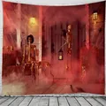 Detailed close-up of Halloween tapestry with skeletons and spooky red fog on brick wall - WSJ-8 (Skeleton Scene)
