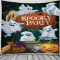 Halloween Spooky Party tapestry with cute ghosts and pumpkins on a white brick wall - WSJ-2 (Illustration Party)